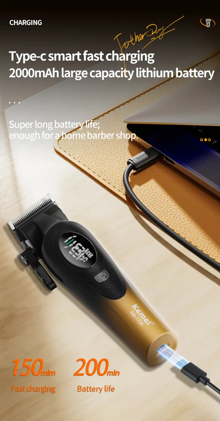 Kemei KM-1734 – Tondeuse Professionnelle 7500 RPM avec Batterie 2000mAh et Écran LED tondeuse avec bras tondeuse avec levier