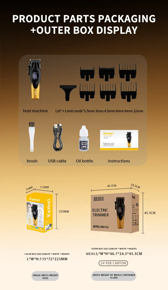 Kemei KM-1734 – Tondeuse Professionnelle 7500 RPM avec Batterie 2000mAh et Écran LED tondeuse avec bras tondeuse avec levier