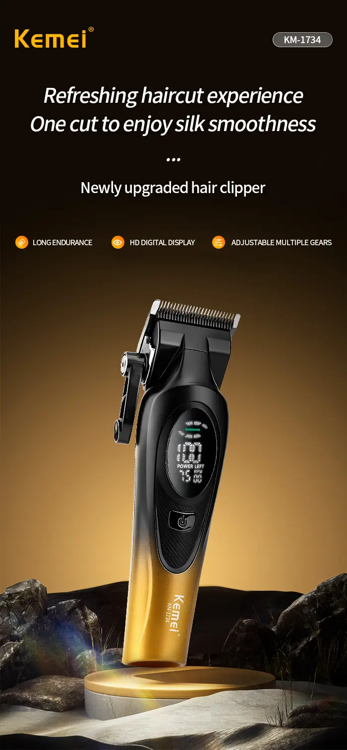 Kemei KM-1734 – Tondeuse Professionnelle 7500 RPM avec Batterie 2000mAh et Écran LED tondeuse avec bras tondeuse avec levier