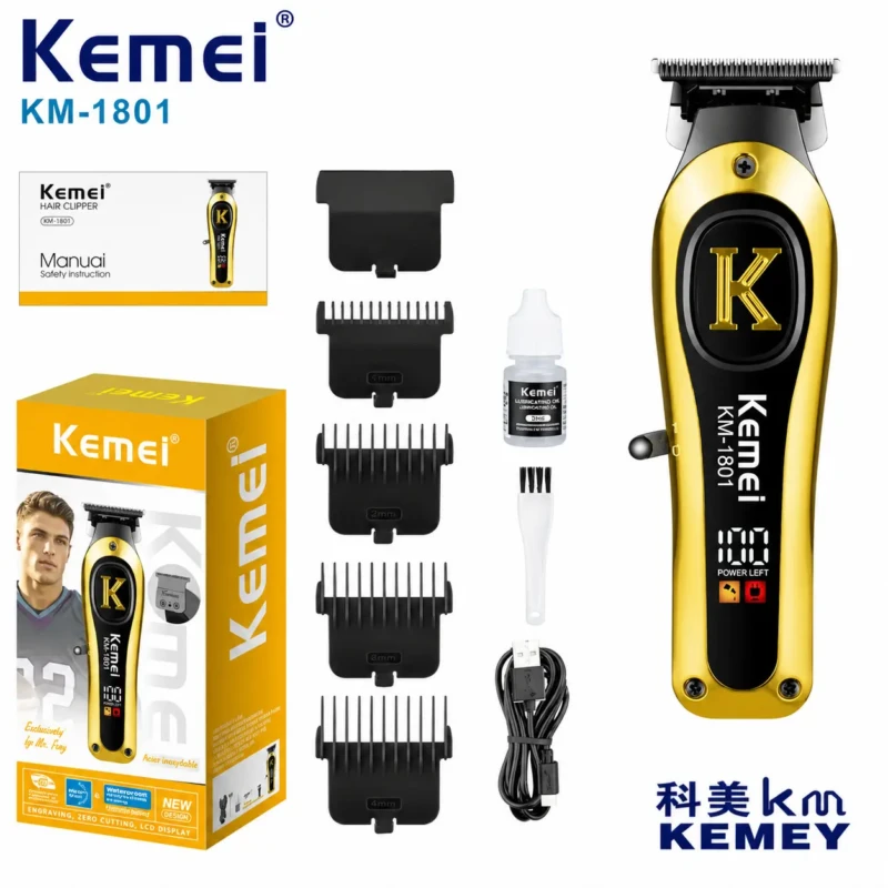 Kemei KM-1801 – Tondeuse Professionnelle DLC de Finition 7000 RPM avec Écran LED et Batterie 1200mAh – gold