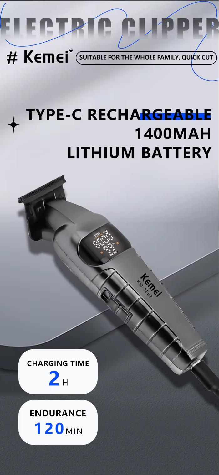 Kemei KM-1807 – Tondeuse Professionnelle 8000 RPM avec Lame DLC et Batterie 1400mAh – gris tondeuse 10W