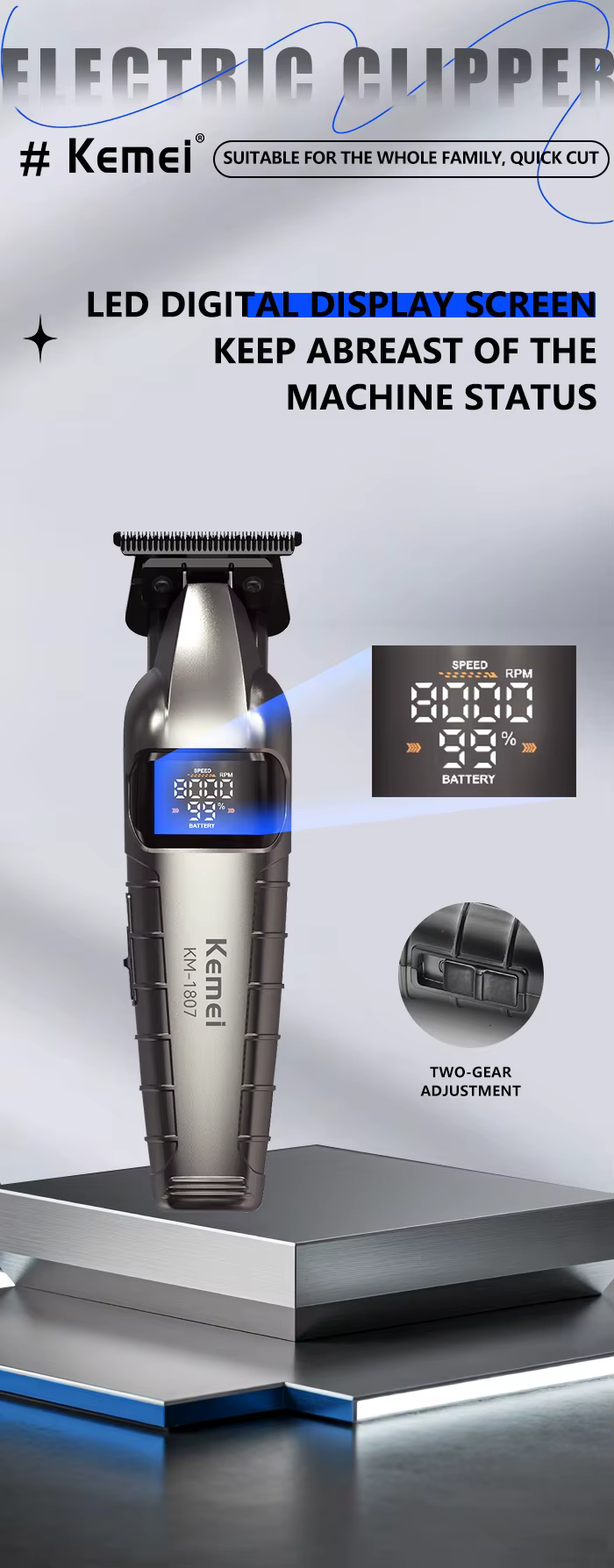 Kemei KM-1807 – Tondeuse Professionnelle 8000 RPM avec Lame DLC et Batterie 1400mAh – gris tondeuse 10W