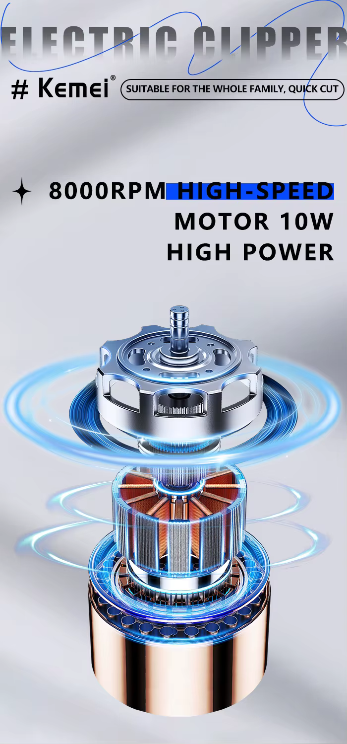Kemei KM-1807 – Tondeuse Professionnelle 8000 RPM avec Lame DLC et Batterie 1400mAh – gris tondeuse 10W