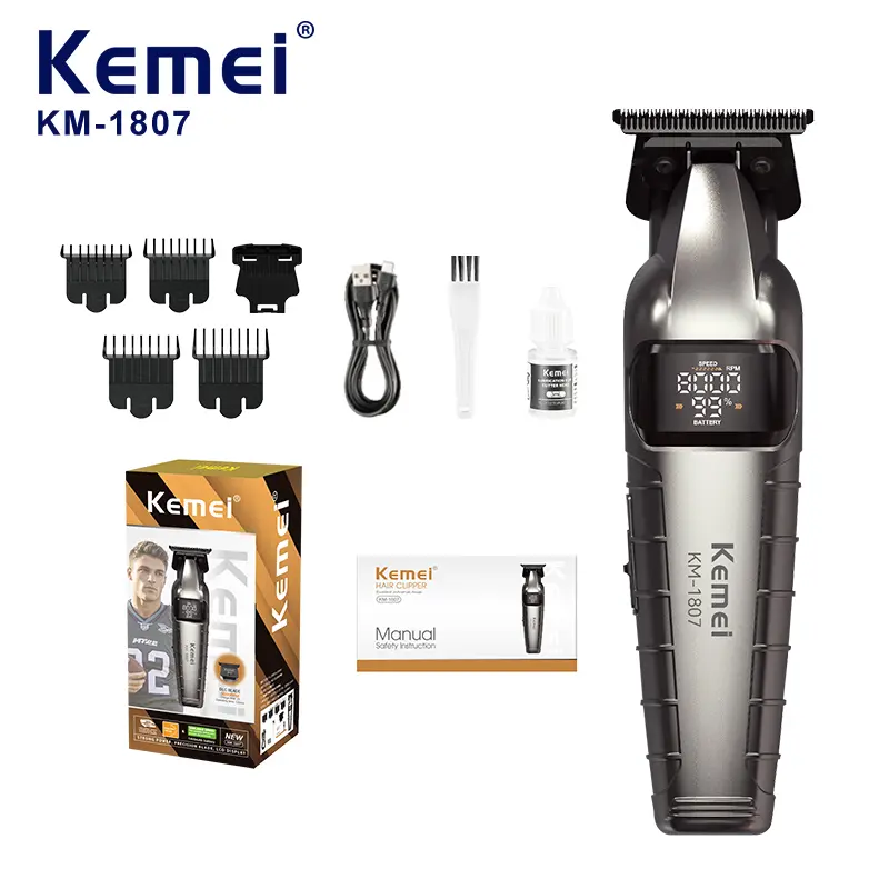 Kemei KM-1807 – Tondeuse Professionnelle 8000 RPM avec Lame DLC et Batterie 1400mAh – gris tondeuse 10W