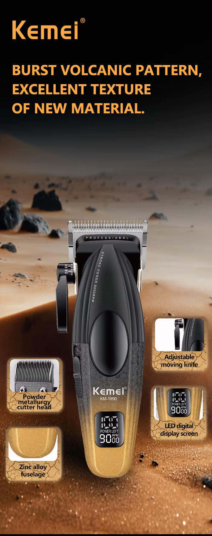 Kemei KM-1890 – Tondeuse Professionnelle 9000 RPM avec Batterie 2000mAh et Lame DLC tondeuse avec levier