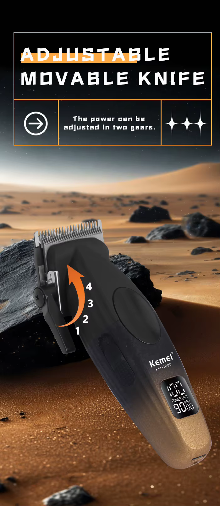 Kemei KM-1890 – Tondeuse Professionnelle 9000 RPM avec Batterie 2000mAh et Lame DLC tondeuse avec levier