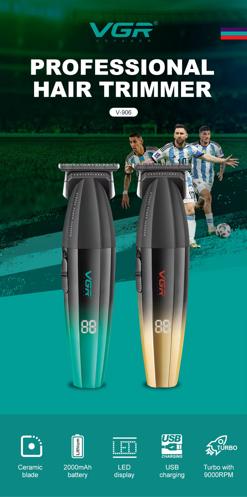 VGR V-906 – Tondeuse Professionnelle Métallique 9000 RPM avec Lame DLC et Batterie 2000mAh tondeuse vgr