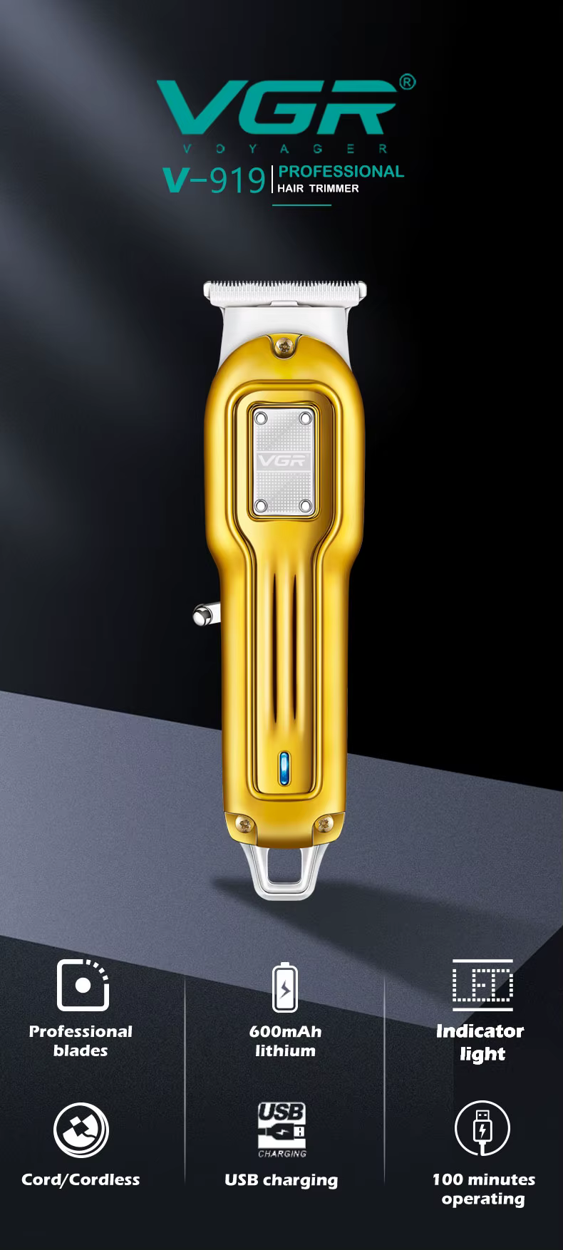 VGR V-919 – Tondeuse Professionnelle de Finition T-Blade Rechargeable USB Type-C tondeuse bon prix tondeuse vgr