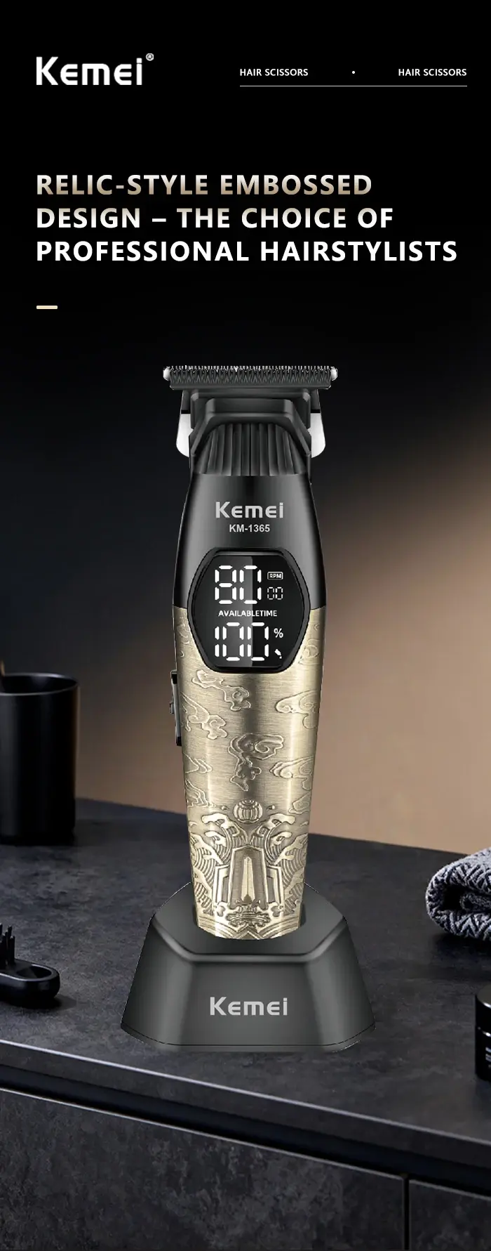 Kemei KM-1365 – puissante Tondeuse Professionnelle 8000 RPM avec Écran LED, 1200mAh – métal