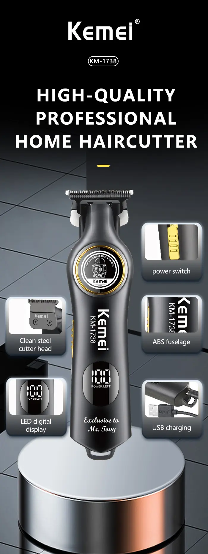 Kemei KM-1738 – Tondeuse Professionnelle Noir Intense 5W, Batterie 2000mAh et Écran LED tondeuse kemei