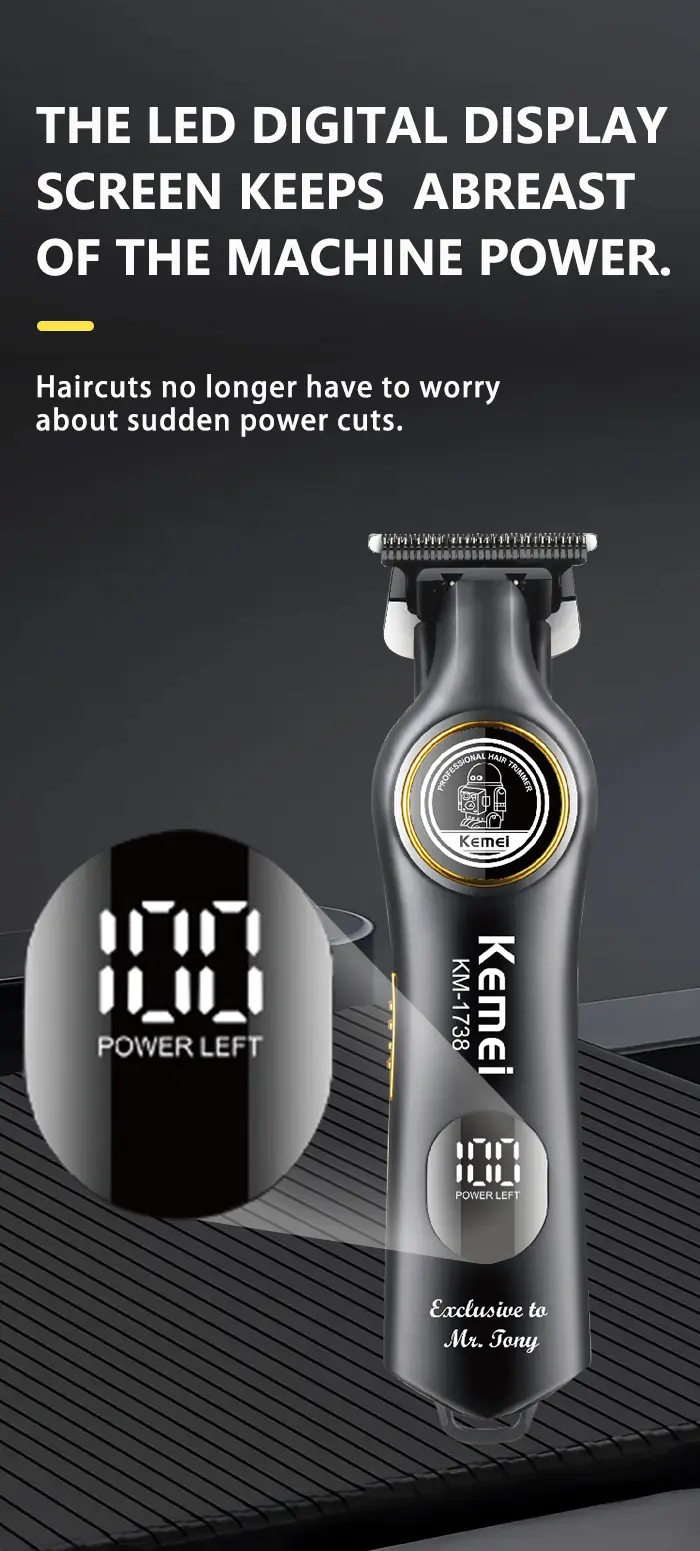 Kemei KM-1738 – Tondeuse Professionnelle Noir Intense 5W, Batterie 2000mAh et Écran LED tondeuse kemei