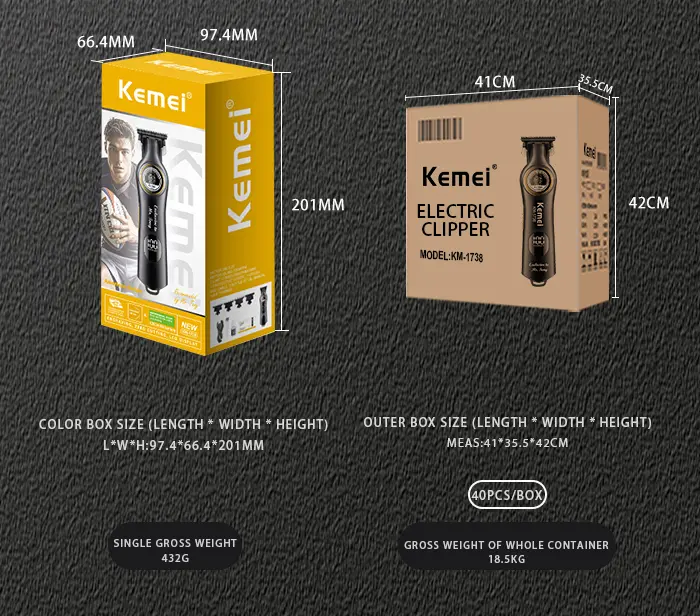 Kemei KM-1738 – Tondeuse Professionnelle Noir Intense 5W, Batterie 2000mAh et Écran LED tondeuse kemei