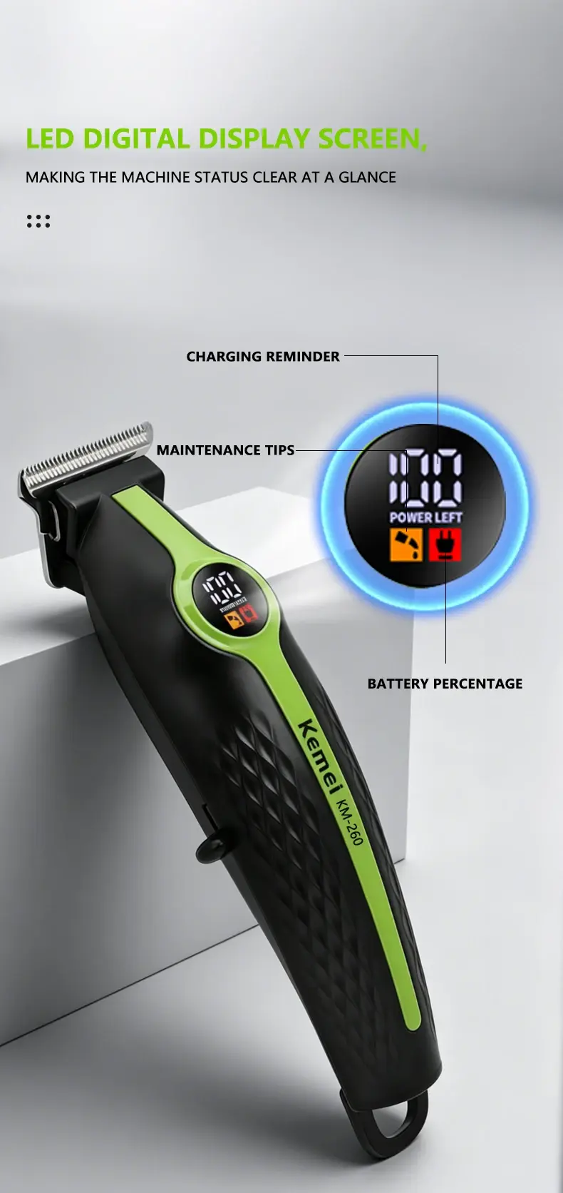 Kemei KM-260 – Tondeuse puissante avec moteur 7200RPM Rechargeable avec Écran LED et Batterie 1200mAh Kemei KM-260 – Tondeuse puissante avec moteur 7200RPM Rechargeable avec Écran LED et Batterie 1200mAh tondeuse kemei