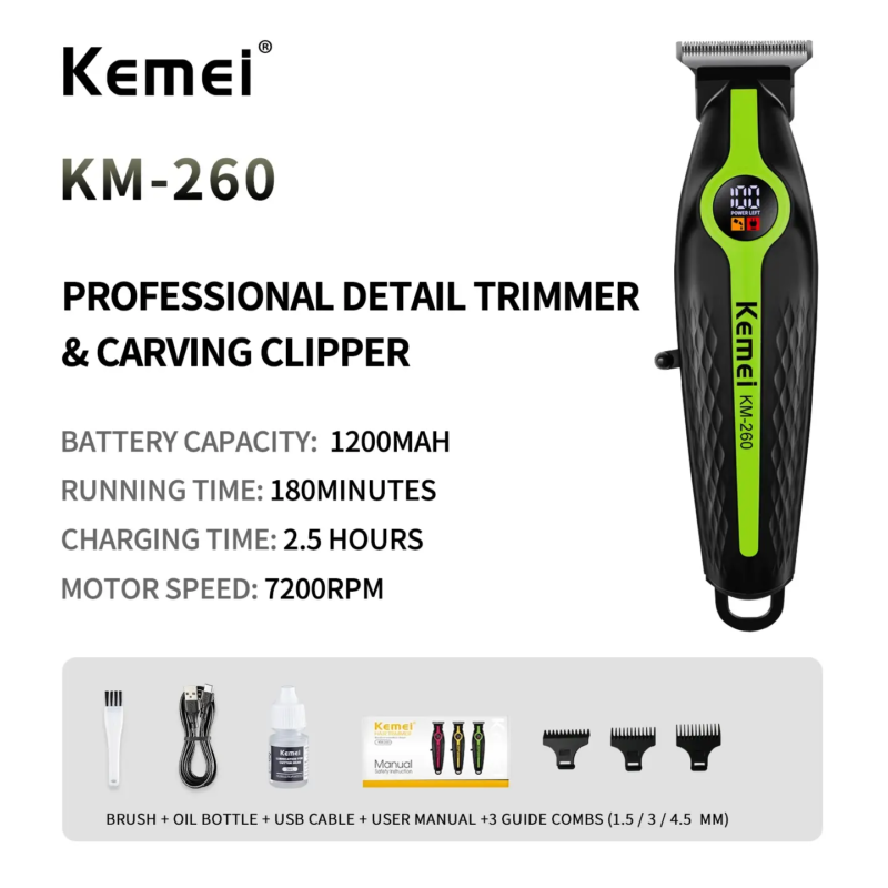 Kemei KM-260 – Tondeuse puissante avec moteur 7200RPM Rechargeable avec Écran LED et Batterie 1200mAh tondeuse kemei