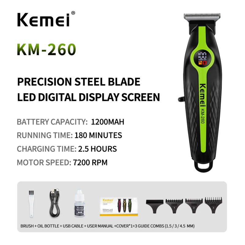 Kemei KM-260 – Tondeuse puissante avec moteur 7200RPM Rechargeable avec Écran LED et Batterie 1200mAh tondeuse kemei