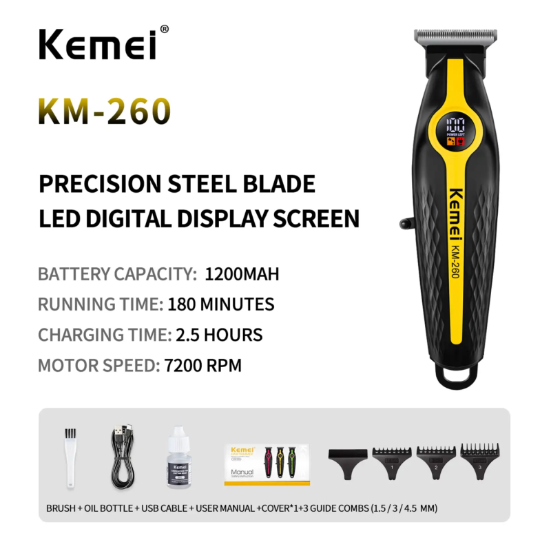 Kemei KM-260 – Tondeuse puissante avec moteur 7200RPM Rechargeable avec Écran LED et Batterie 1200mAh tondeuse kemei