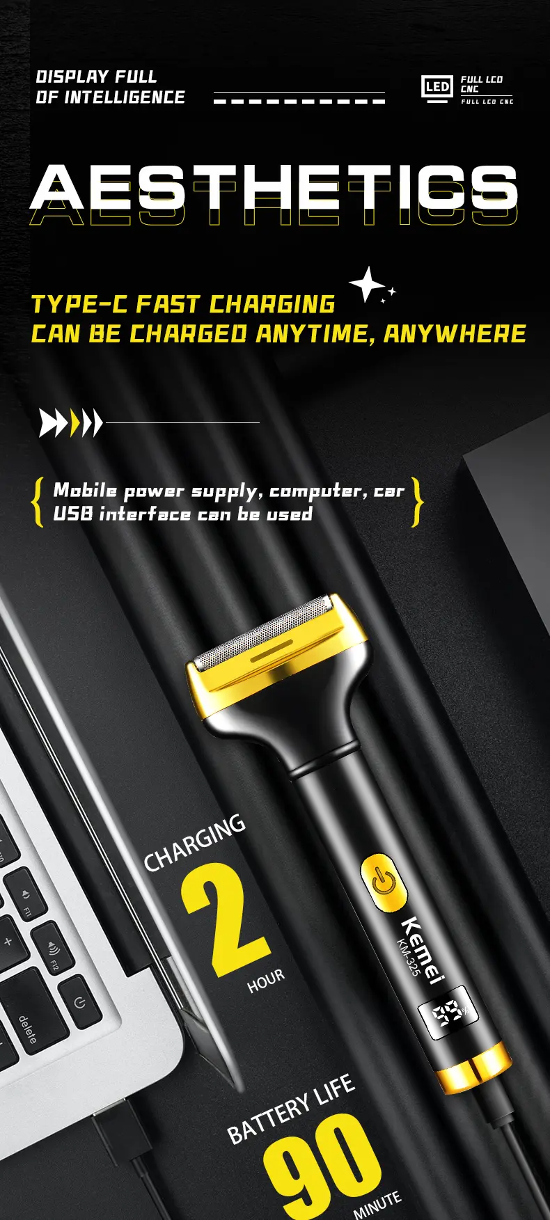 Kemei KM-325 – Rasoir et Épilateur Électrique Multifonction 7-en-1 Rechargeable Tondeuse multifonction