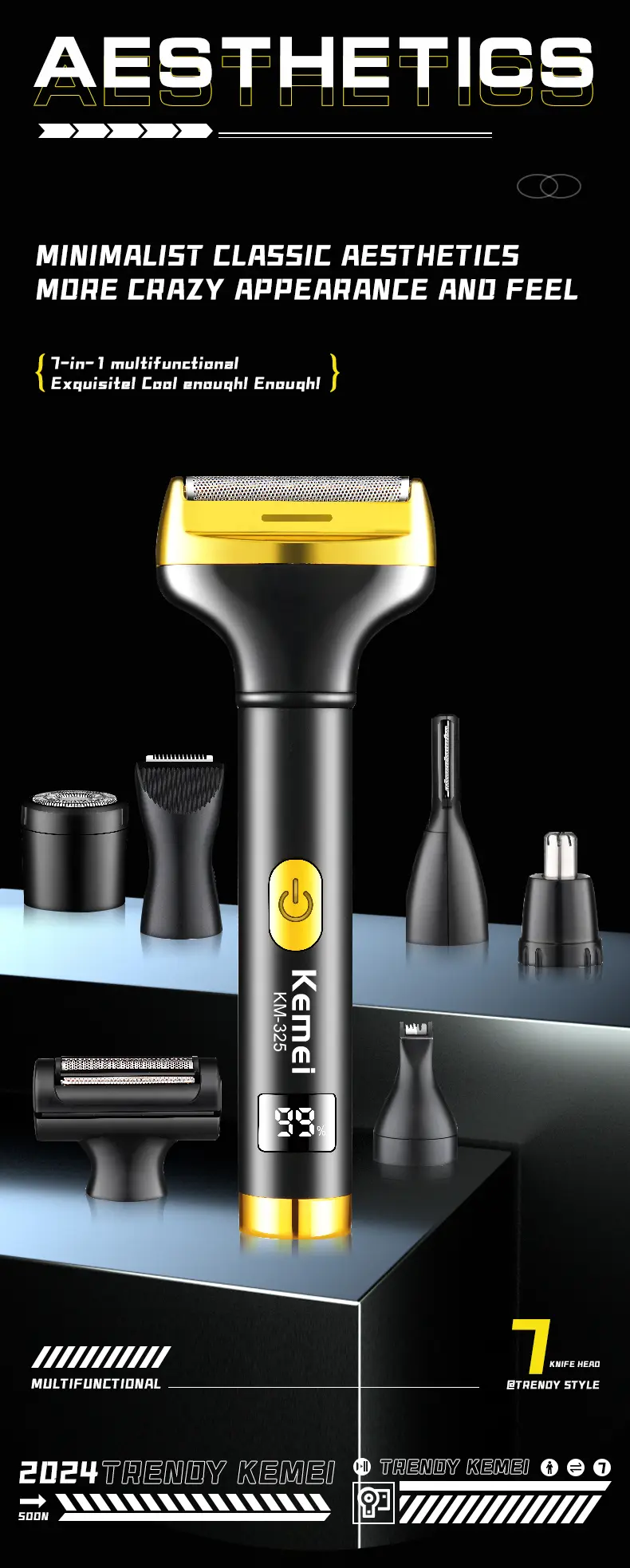 Kemei KM-325 – Rasoir et Épilateur Électrique Multifonction 7-en-1 Rechargeable Tondeuse multifonction