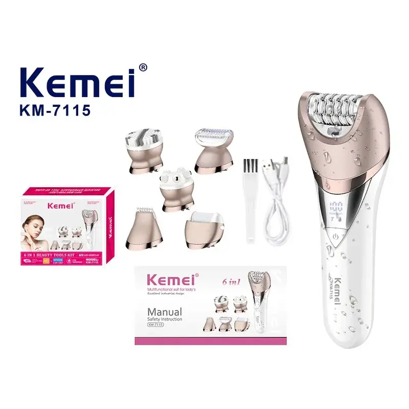 Kemei KM-7115 6-en-1 – Épilateur multifonction rechargeable IPX6 pour visage et corps appareil d'épilation multifonction Épilateur multifonction