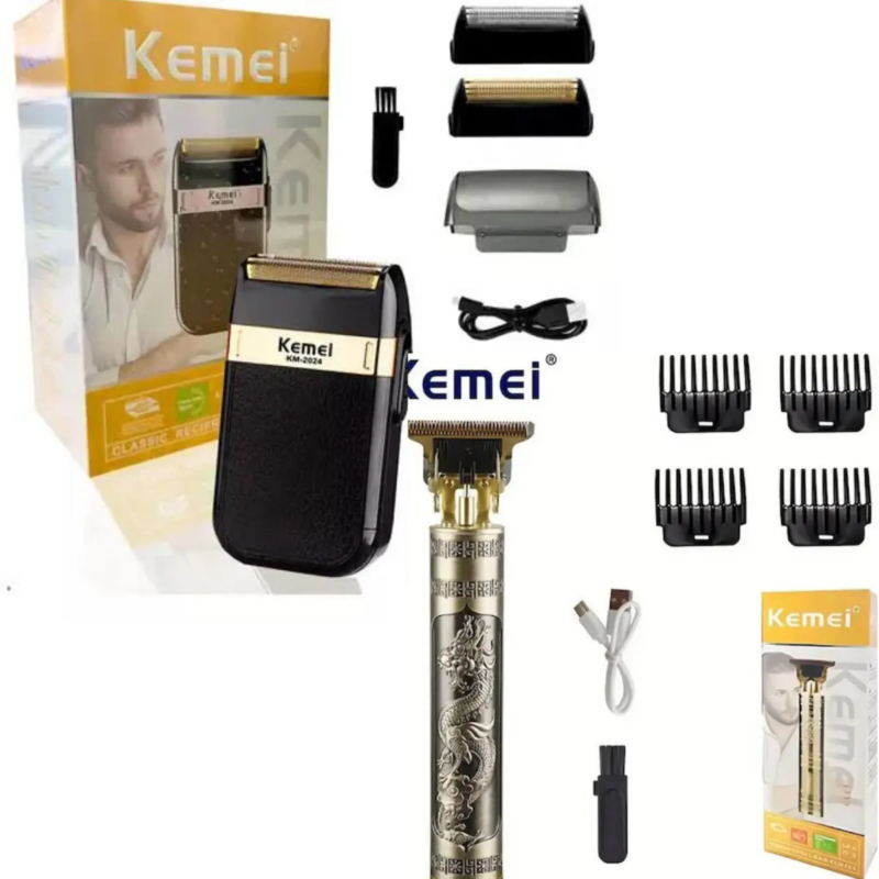 Pack Kemei KM-T9 + Kemei KM-2024 – Tondeuse Professionnelle de Précision et Rasoir Électrique Double Lame Tondeuse multifonction