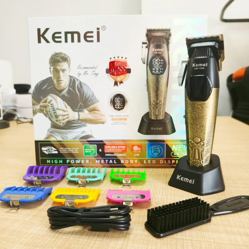 Kemei KM-1364 – Tondeuse Professionnelle Rechargeable 5 W avec Écran LED et Base de Recharge tondeuse avec bras